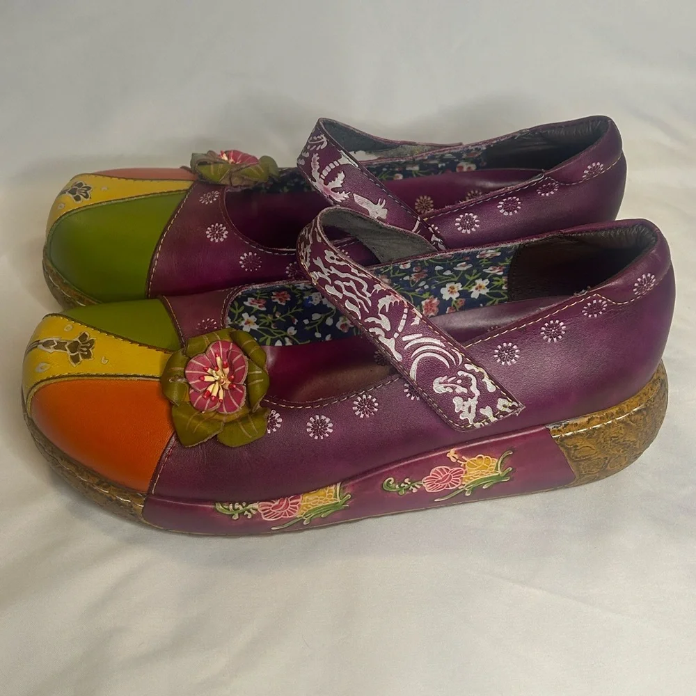 SOCOFY Leather Mary Jane Boho Platform Embossed Flower Ballet Shoes Women’s 10 - Picture 4 of 9